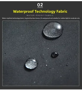 Détail macro du tissu technique imperméable montrant l'effet perlant bionique