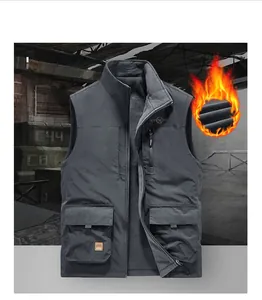 Detail of grey fleece-lined tactical vest showing warm lining and multi-pocket design