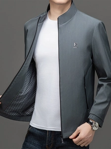 Men's grey business casual jacket with stand collar and textured fabric main view