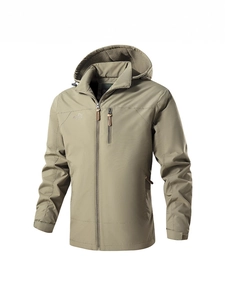 Outdoor men's khaki windbreaker jacket with hooded fleece lining and zip pockets