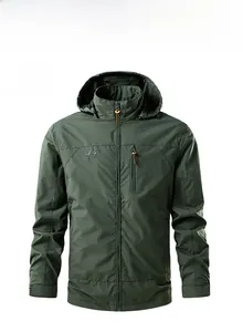 Army Green men's outdoor jacket detail showing the waterproof fabric and outdoor logo
