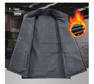 Detail of gray men's outdoor vest featuring warm fleece lining and inner vertical pockets