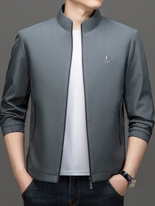 Men's casual stand collar jacket in grey textured fabric with a slim business fit