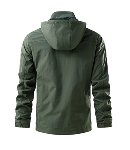 Detail view of the back of a dark green breathable outdoor hooded windbreaker jacket