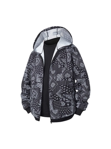 Men's hoodie with black and white 3D paisley patchwork print and zip closure