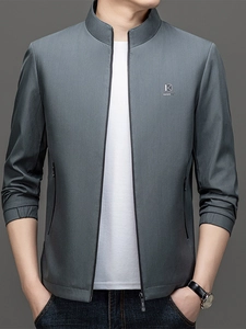 Men's grey business casual jacket with stand collar and textured vertical stripes
