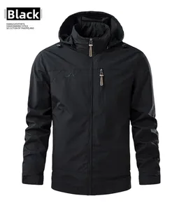 Detail of black waterproof windbreaker with outdoor logo and zippered chest pocket