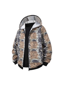 Men's retro floral hooded jacket with 3D tapestry rose print and ribbed hem finish