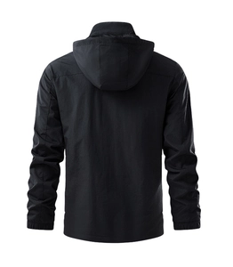 Rear view of men's lightweight black windproof hooded jacket with elasticated cuffs