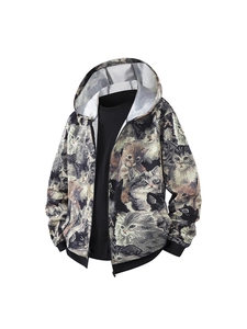 Men's 3D digital cat print hoodie jacket with zipper and textured woven fabric details
