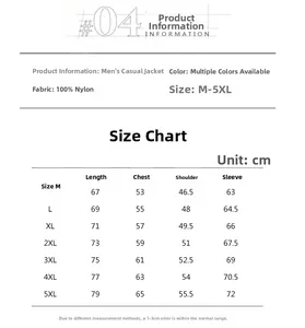 Tableau des tailles détaillé pour veste en nylon homme avec mesures du M au 5XL