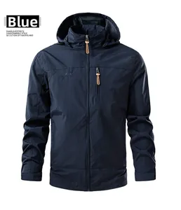 Detail view of navy blue outdoor jacket showing the hood and Outdoor embroidered logo