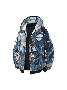 3D Starry Night art print zip-up hoodie for men with black ribbed cuffs and warm lining
