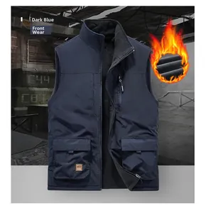 Detail of dark blue thermal vest featuring polar fleece lining and utility cargo pockets