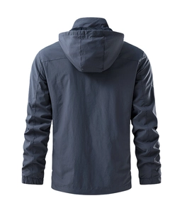 Rear view of lightweight navy windbreaker jacket with breathable quick-dry fabric