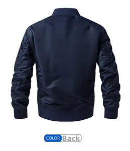 Vue arrière d'un blouson aviateur bleu marine avec manches plissées et bords-côtes