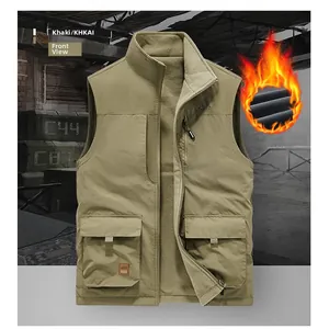 Men's khaki multi-pocket outdoor vest with thermal fleece lining and stand collar detail