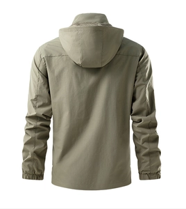 Back view of light olive men hooded windbreaker jacket with elastic cuffs and smooth hem