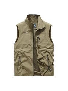 Gilet casual da uomo kaki con collo alto, tasche con zip e fodera interna in rete