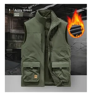 Detail of army green outdoor vest showing multi-pocket design and thermal fleece lining