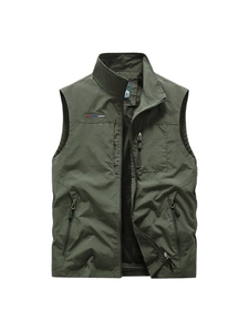 Gilet casual da uomo per outdoor color verde oliva scuro con collo alto e tasche zip