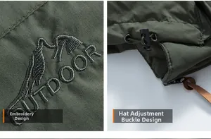 Close-up of outdoor jacket showing mountain embroidery and adjustable hood drawstring