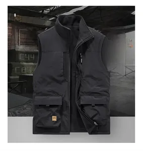 Detail of men's black utility vest with warm fleece lining and multiple zip pockets