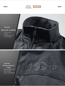 Detail of stand-up collar and high-quality embroidered star logo on black vest jacket