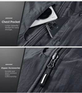 Detail view of large storage pockets and durable metal zipper on a dark gray outdoor vest