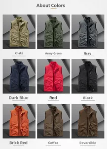 Detail view of double-sided outdoor vests showing 8 colors and zippered pockets