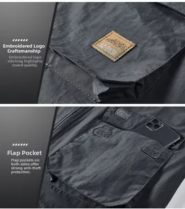 Detail of outdoor vest featuring leisure embroidery and large pocket for smartphone