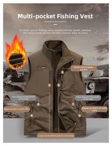 Detail of warm fleece lining and seven functional pockets on brown outdoor vest