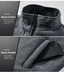 Detail of windproof stand collar and secure zipper pockets on men fleece vest