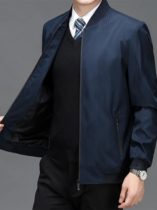 Veste Homme Business Décontracté Col Montant Rayures Poignets Nervurés Polyester Vêtement Léger pour Printemps Automne Travail