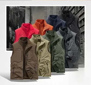Men's thermal fleece vest showing eight color options with multi-pocket design