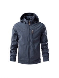 Men's navy outdoor windproof hooded jacket with breathable fabric and zip pockets