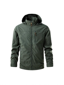 Men's outdoor windproof jacket in army green, waterproof and breathable hooded coat
