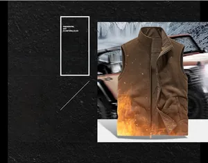 Detail view of brown fleece lining on outdoor winter vest with thermal flame effect