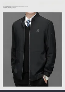 Detail of premium business jacket featuring a stand collar and high-quality metal zipper
