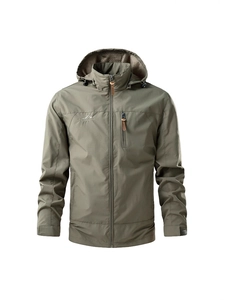 Men's olive green outdoor windbreaker jacket with breathable mesh and zip chest pocket