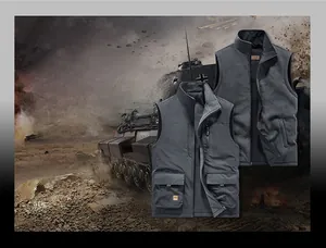 Detail view of men's reversible winter vest showing pockets and white duck down filling