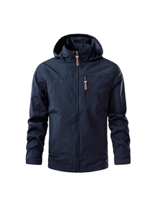 Men's navy blue hooded outdoor windbreaker with waterproof fabric and zipper pockets