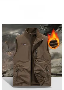 Detail of coffee brown fleece-lined tactical vest with premium metal zippers and embroidery