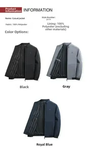 Three men's stand collar business jackets in black, grey, and blue colors