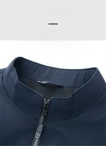 Detail view of navy blue business jacket showing stand-up collar, zipper, and XXL label