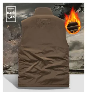 Rear view of brown tactical vest featuring a warm fleece lining and high collar