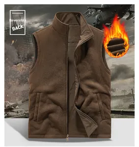 Detail of reversible brown fleece vest showing warm fabric texture and standing collar