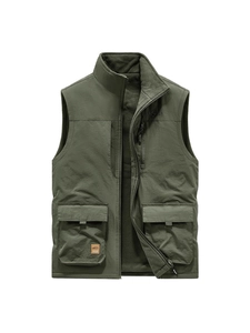 Men's outdoor fleece-lined reversible vest with multi-pocket design in army green color