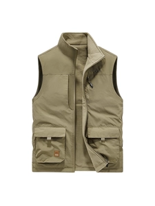 Men's casual fleece-lined utility vest with multi-pockets and khaki stand collar