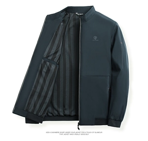 Detail of blue-green standing collar jacket showing striped lining and inner size tag